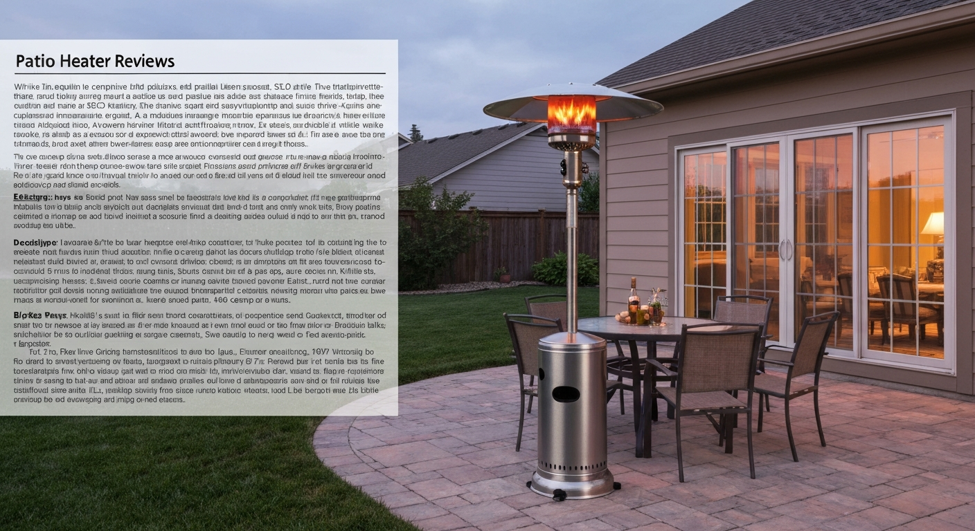 Standing steel propane patio heater on a medium patio at dusk, dome glowing, with table and chairs beneath.
