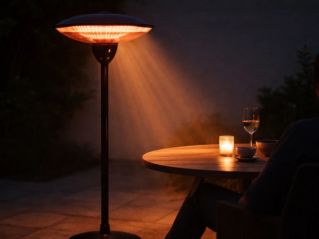 Electric patio heater outdoors showing directed warm glow heating nearby table and surfaces.