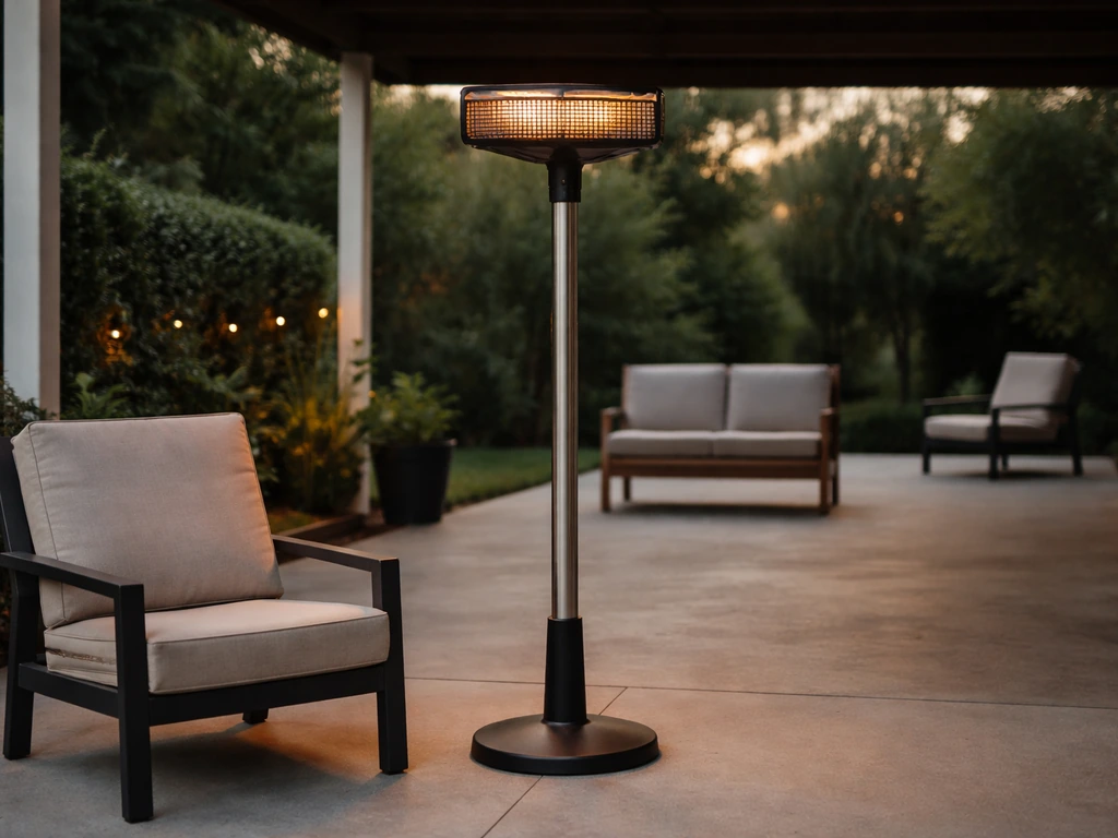 Outdoor electric patio heater under a pergola with chairs at increasing distances to suggest coverage