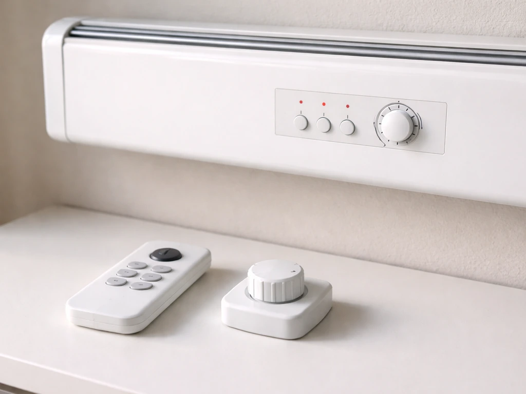 Close-up of an electric heater’s control area with knob and remote on a tabletop, specs label blurred.