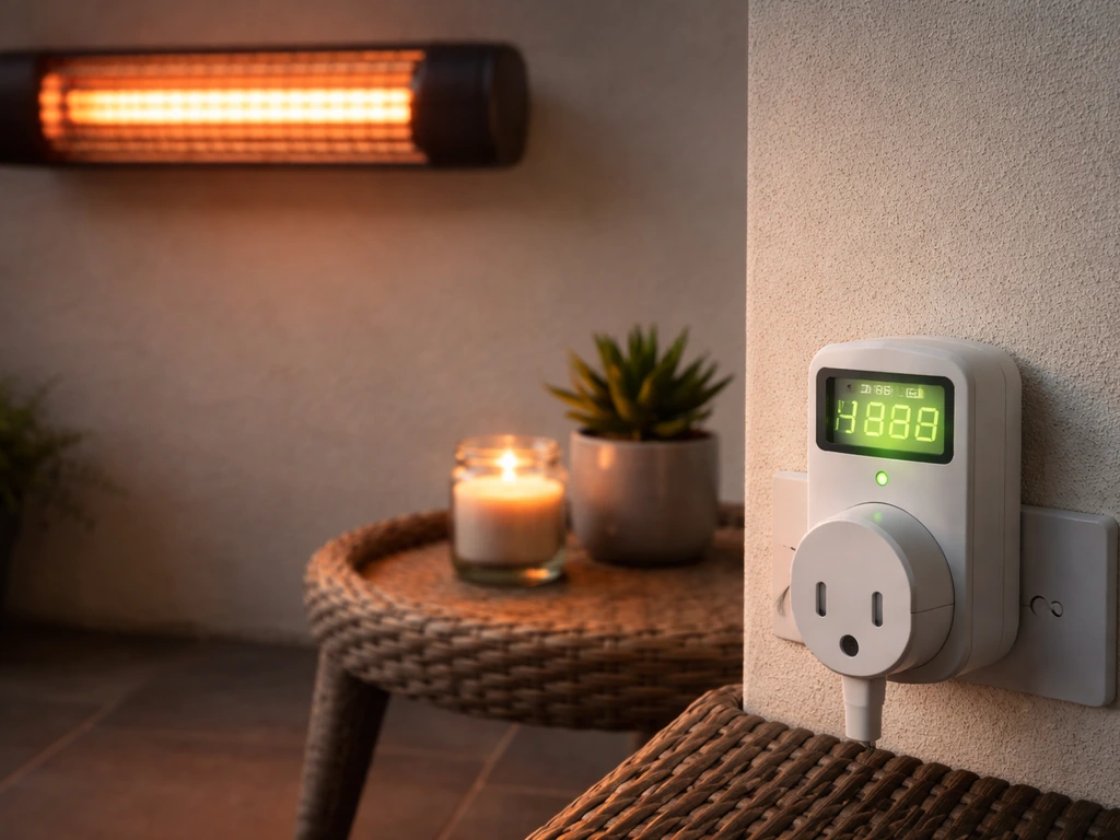 Patio electric heater plugged in beside a smart plug monitor showing high power draw, money-focused mood.