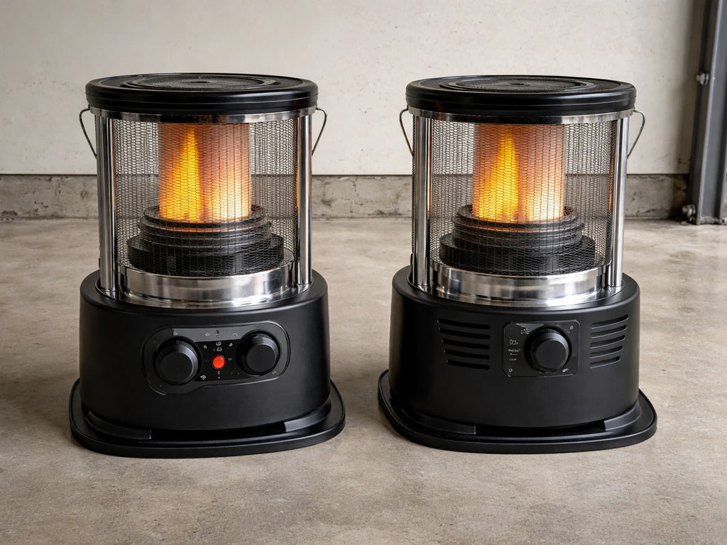 Two similar tabletop propane heaters placed side-by-side, showing distinct front control and vent differences.