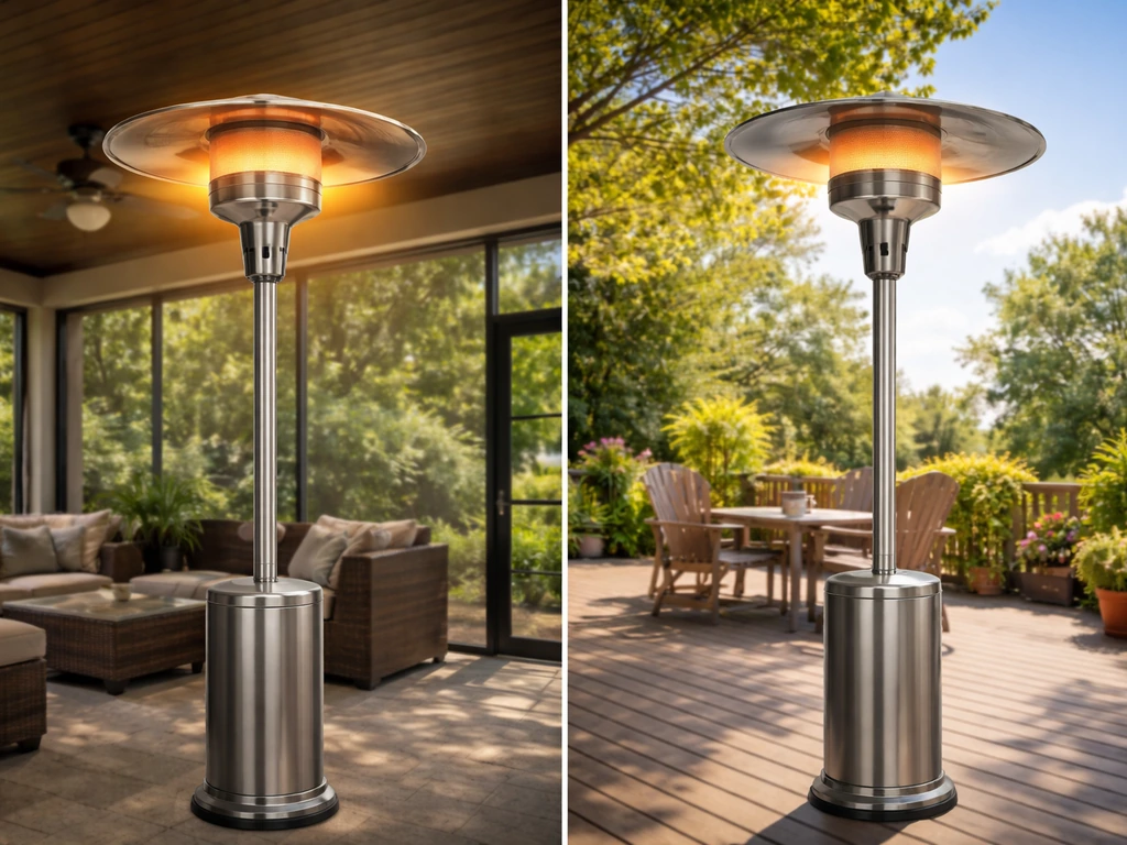 Tabletop patio heater on two-scenario backgrounds, showing stronger warmth under a covered shelter