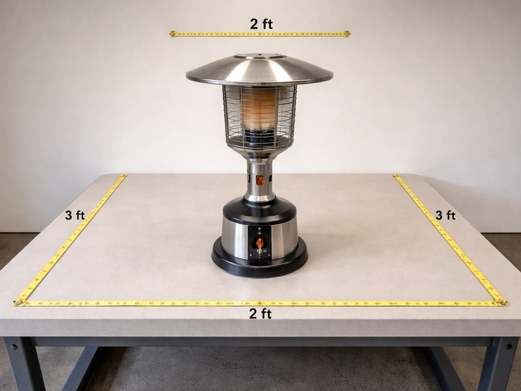 Tabletop propane heater on a stable surface with clear measured clearance space around it
