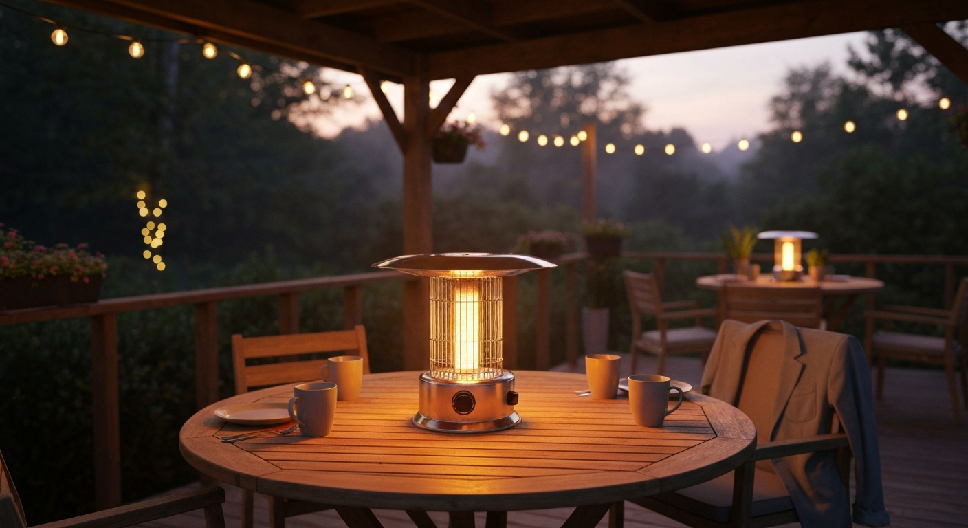 Tabletop halogen patio heater on a round patio table at dusk, casting warm amber light over a cozy outdoor setting.