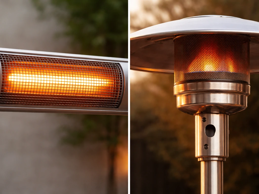 Side-by-side closeups of a glowing electric infrared heater and a propane mushroom heater flame area.