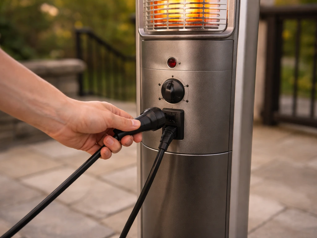 Hand plugging a cord into an outdoor infrared heater control box on a patio, heater positioned to spread warmth