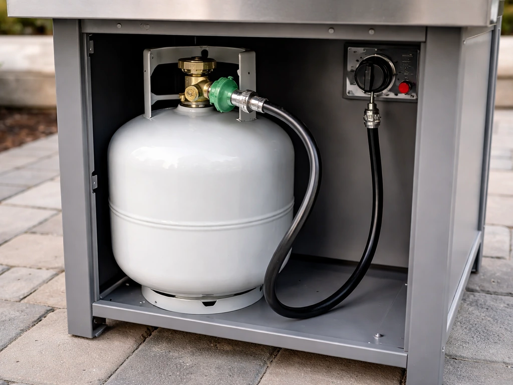 20 lb propane tank connected to a grill base with regulator hose visible and piezo ignition area in view.