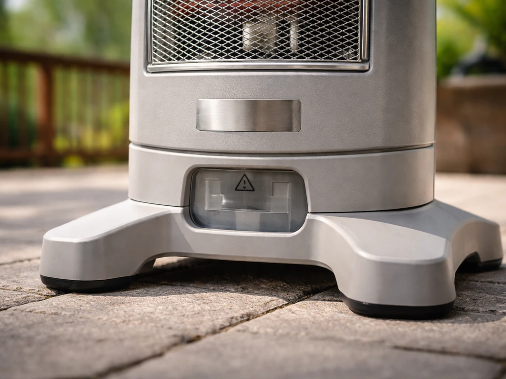 Outdoor closeup of a safety-focused heater feature area with base clearance and certification plate visible
