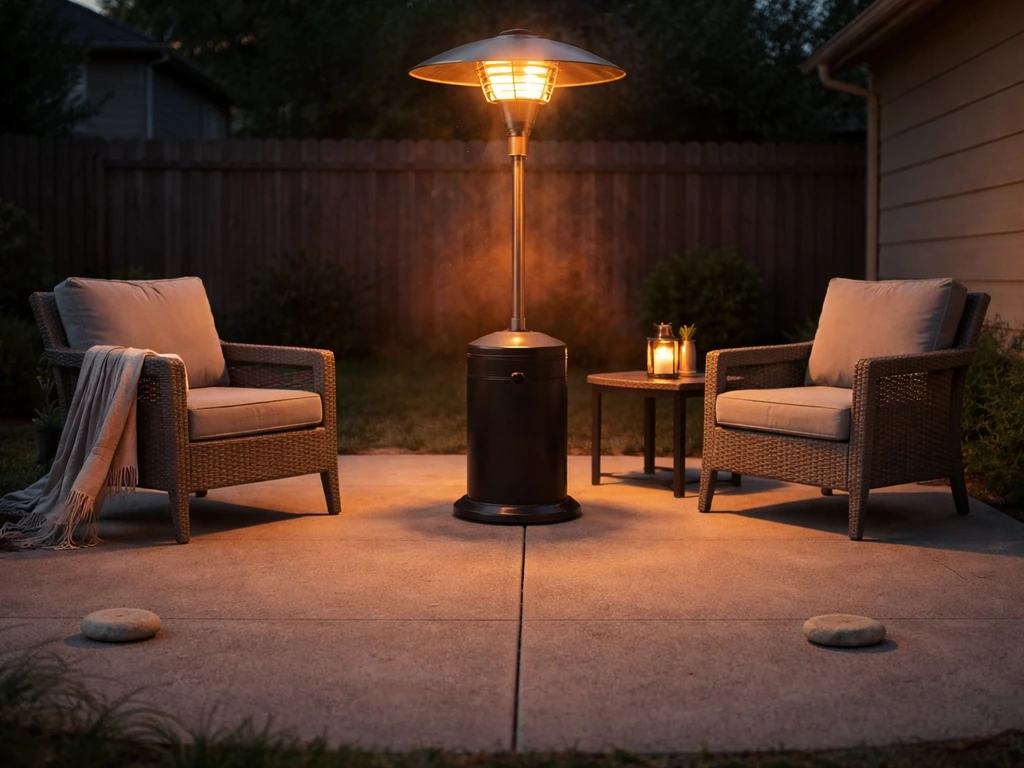 Propane mushroom heater on a patio warming nearby seating, with subtle near/far stones and a breeze cue