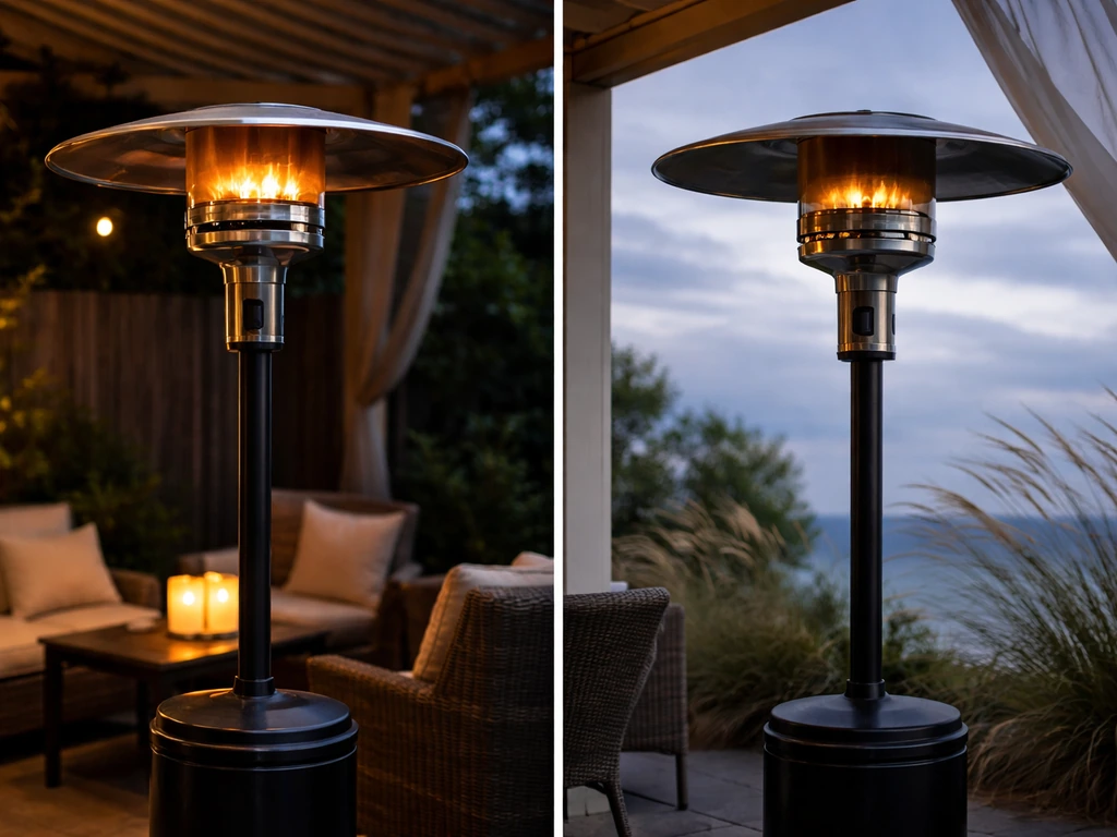 Split-screen patio heater: ignition flame on sheltered patio, reduced warmth on windy exposed patio.