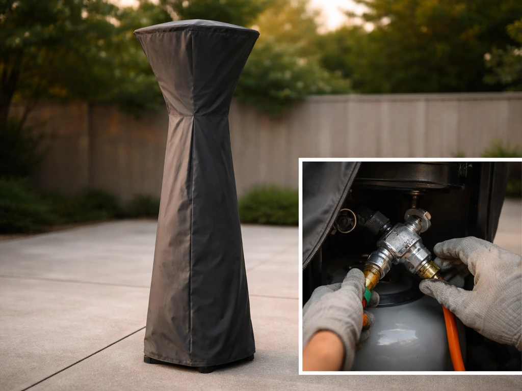 Weatherproof-covered outdoor heater with a closeup inset of checking the gas hose/regulator connection.