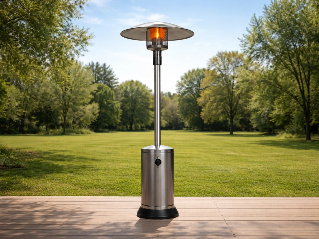 Minimal photo showing a propane heater on an open patio with plenty of clearance, suggesting buy suitability.