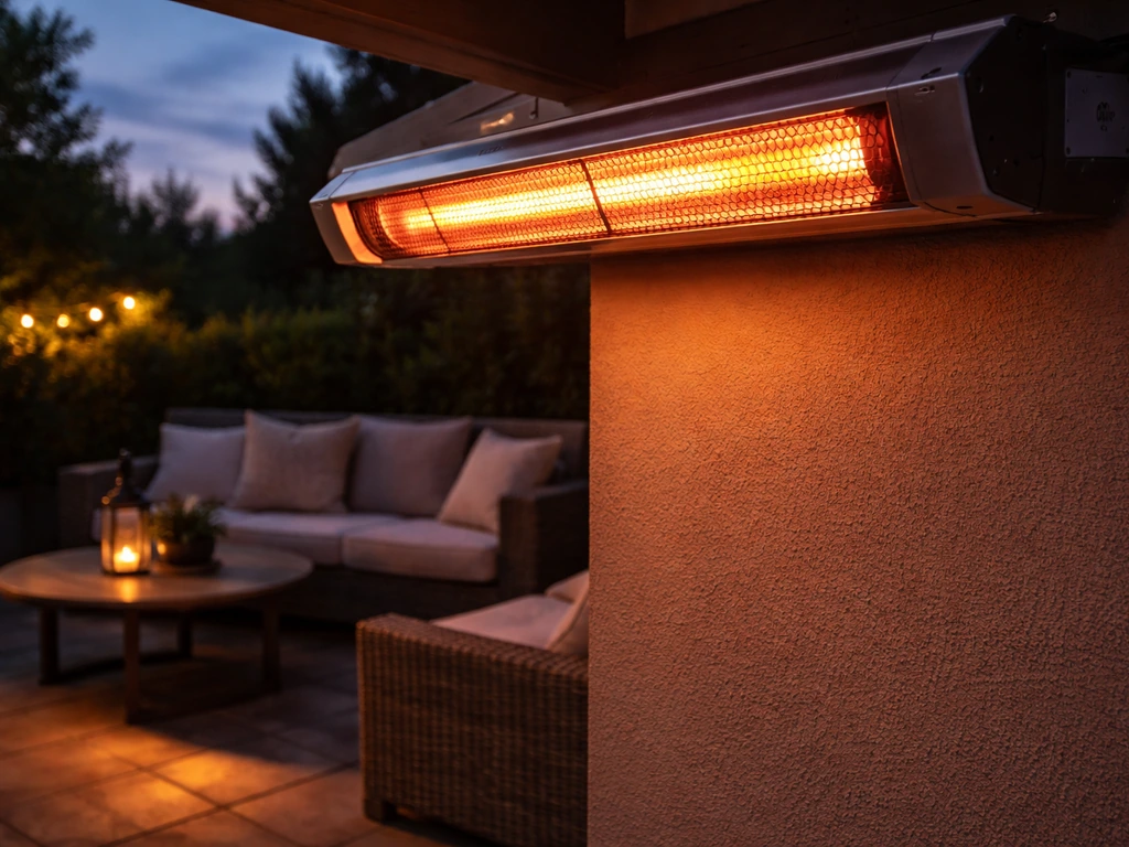 Calcana infrared patio heater on an outdoor patio at dusk with warm light coverage around it