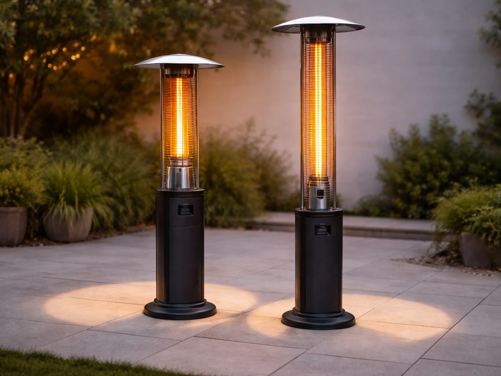 Side-by-side view of two patio heater models outdoors showing different tube lengths and coverage areas.