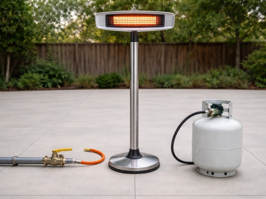 Outdoor patio heater with natural-gas line on one side and propane cylinder/regulator on the other.