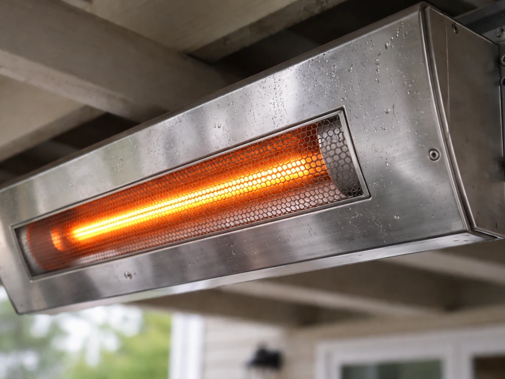 Close-up of a stainless steel overhead outdoor heater with visible heating tube and maintenance access panel edge.