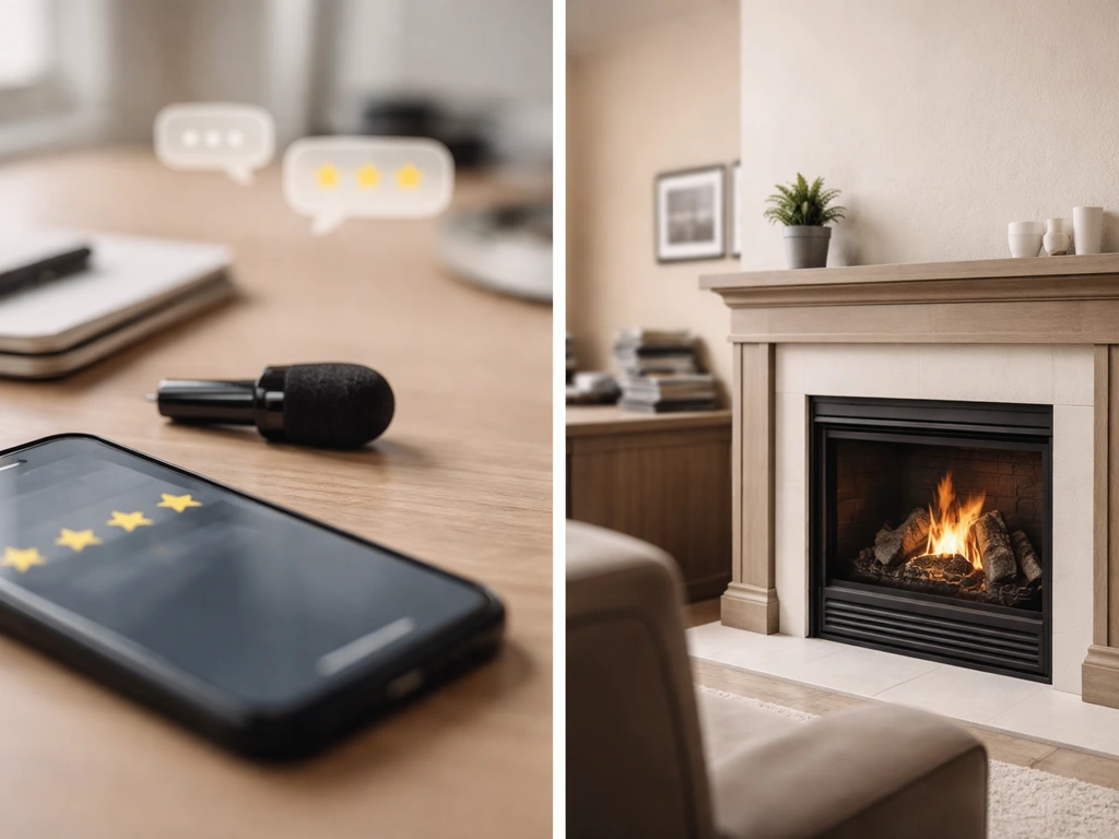 Split-panel photo showing a smartphone feedback setup and a calm fireplace service showroom backdrop.