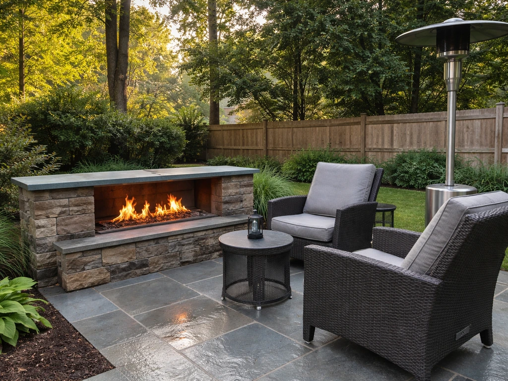 Outdoor Connecticut patio with a stone hearth and installed patio heater near seating, no people.