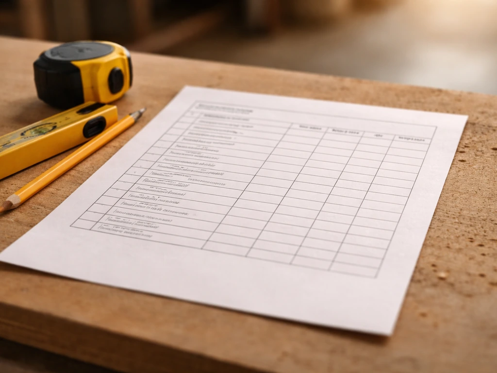 Close-up of an itemized installation proposal paper beside a tape measure and small level on a table.