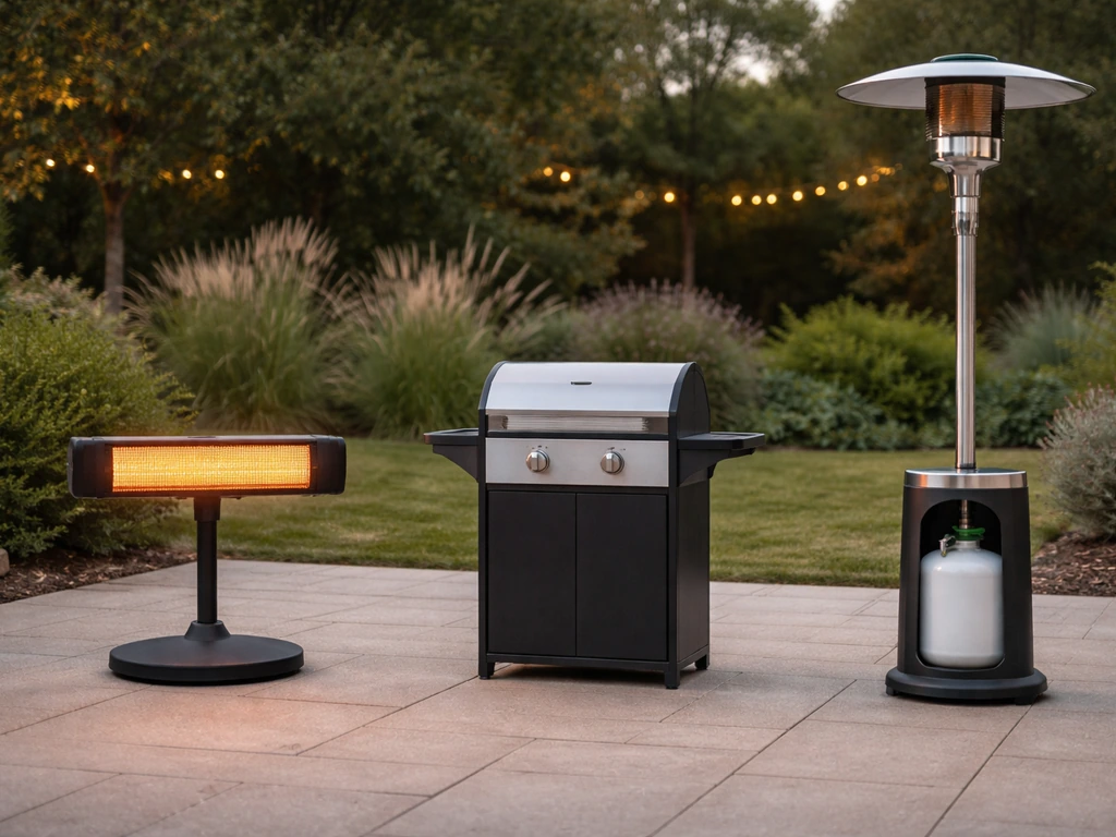 Side-by-side photo of electric infrared, gas grill-style, and propane patio heaters on a quiet patio.