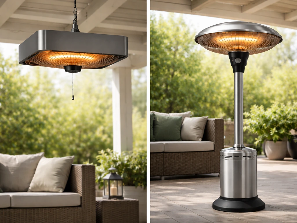 Two Sahara-style patio heaters side-by-side: a ceiling-mounted hanging 2000W unit and a portable 1500W fan-cooled unit.