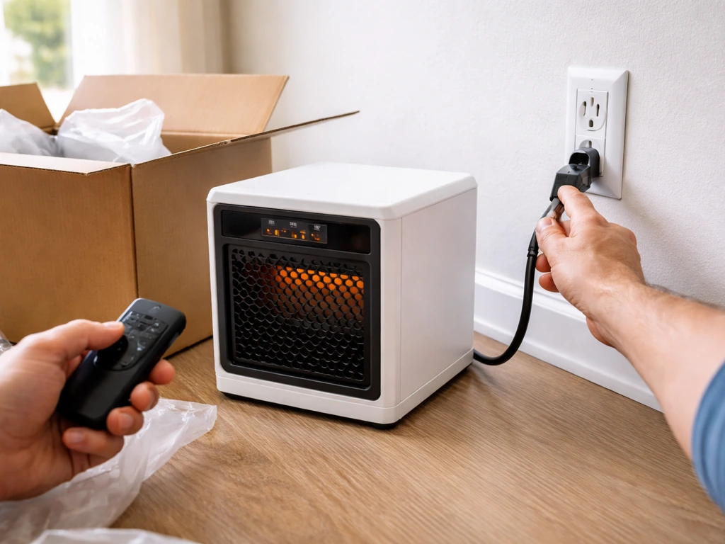 Hands plugging in a portable heater while holding a remote beside the opened box.