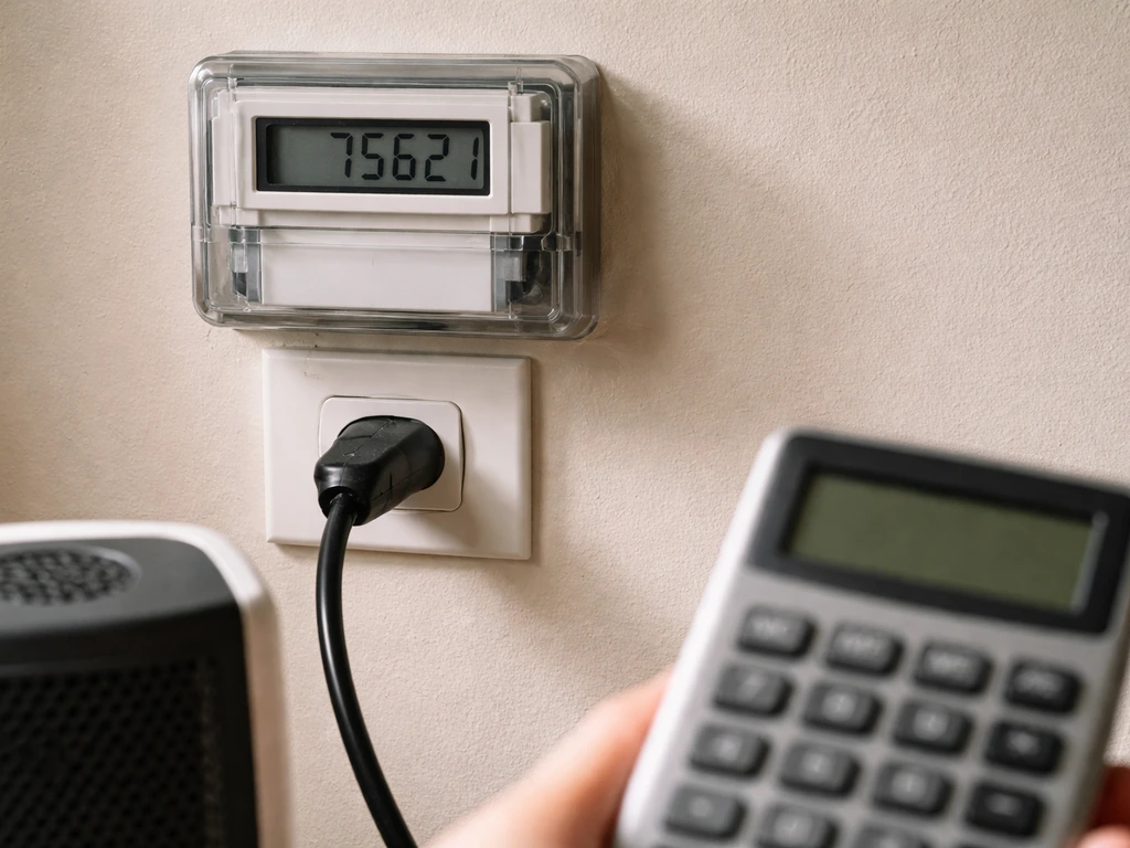 Close-up of an electricity meter with an electric heater plug and a calculator, suggesting running cost calculations.