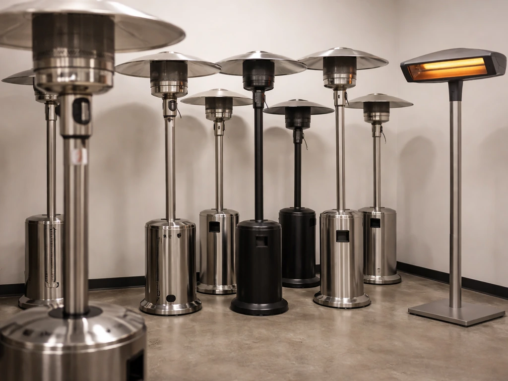 Outdoor mushroom-style and infrared patio heaters displayed in a simple retail showroom.