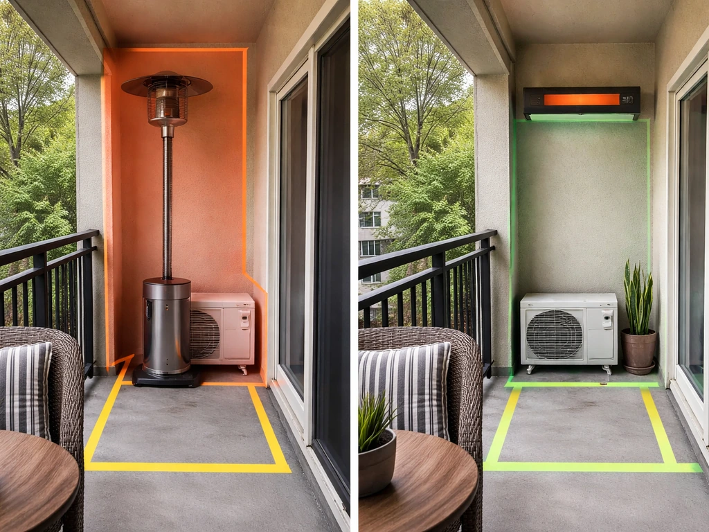 Small covered balcony showing a tall standing heater placed too close, with highlighted clearance space.