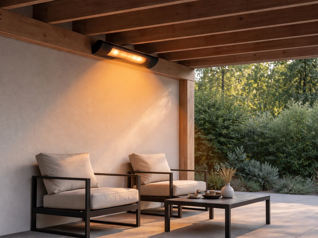Covered pergola patio with an infrared heater aimed toward outdoor seating, showing directional warmth