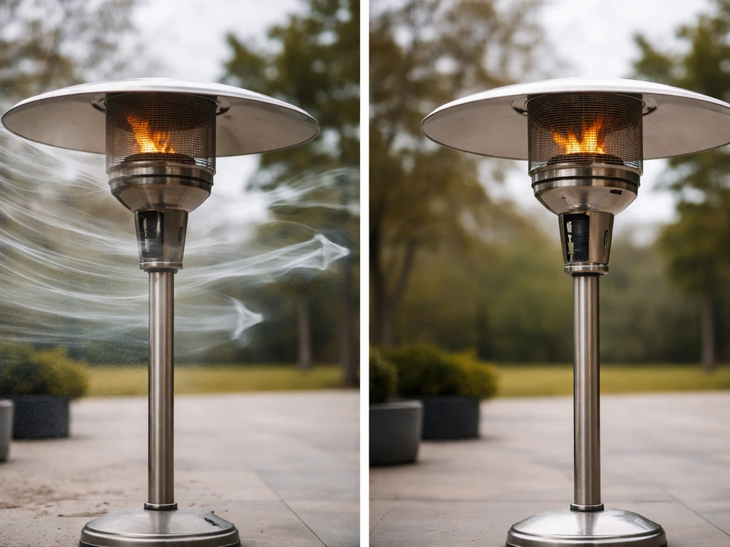 Standing mushroom gas heater buffeted by strong wind with flame disturbance while another heater holds steady.