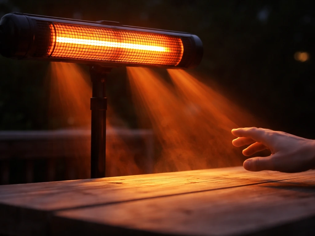 Close-up of an infrared patio heater glowing and warming nearby surfaces with visible radiant beams.