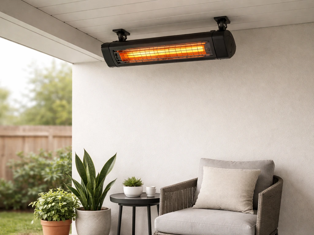 Ceiling-mounted infrared patio heater above a small covered patio with minimal seating and potted plants.