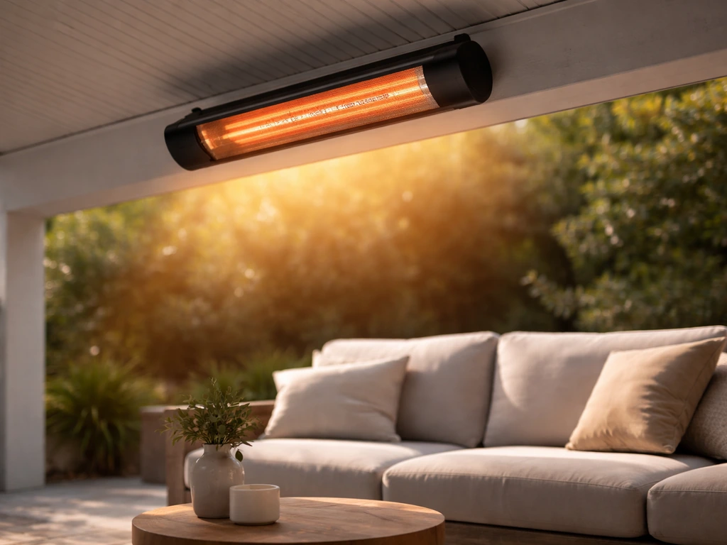 Wall-mounted infrared electric patio heater under a covered patio, angled to show heat direction.
