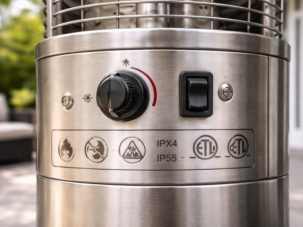 Close-up of an outdoor heater control panel with visible IP rating and safety certification icons.