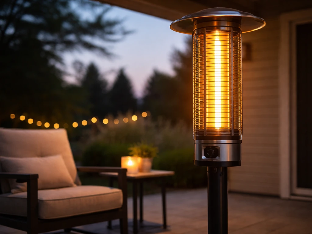 Dusk patio with an electric patio heater glowing and warming a small outdoor seating area under a cover.