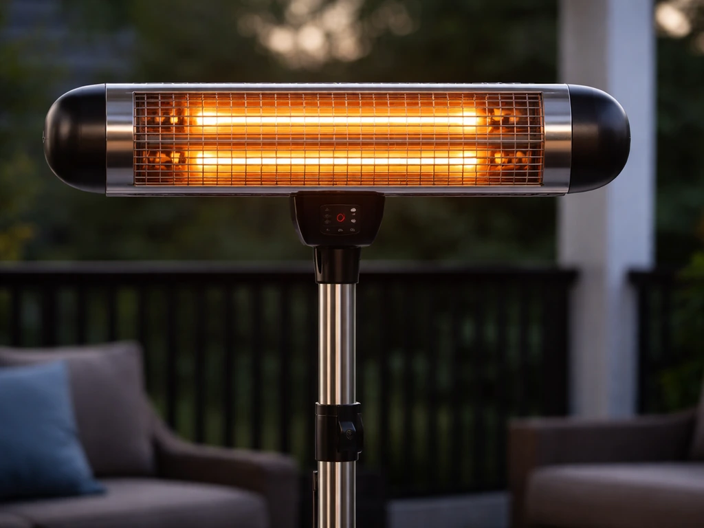 Close-up of a freestanding patio heater with three halogen tubes on a covered outdoor patio.