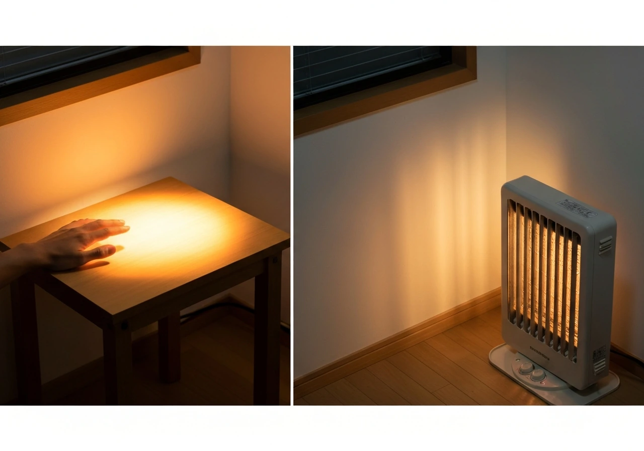 Infrared heater warming a hand and nearby surface while surrounding air looks cooler and dimmer.