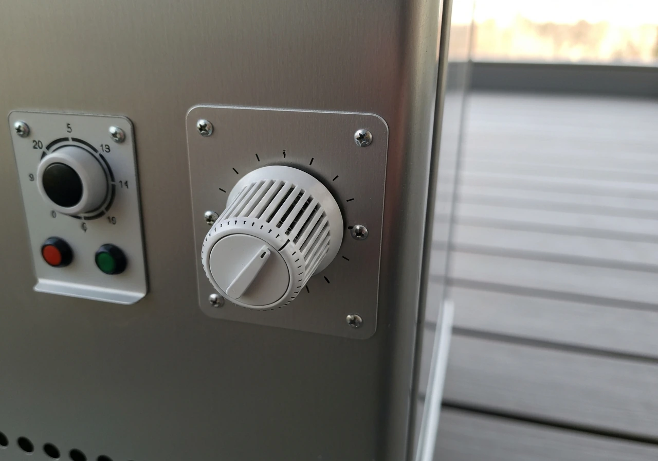 Close-up of a heater thermostat dial on a porch, showing set-and-forget control clearly