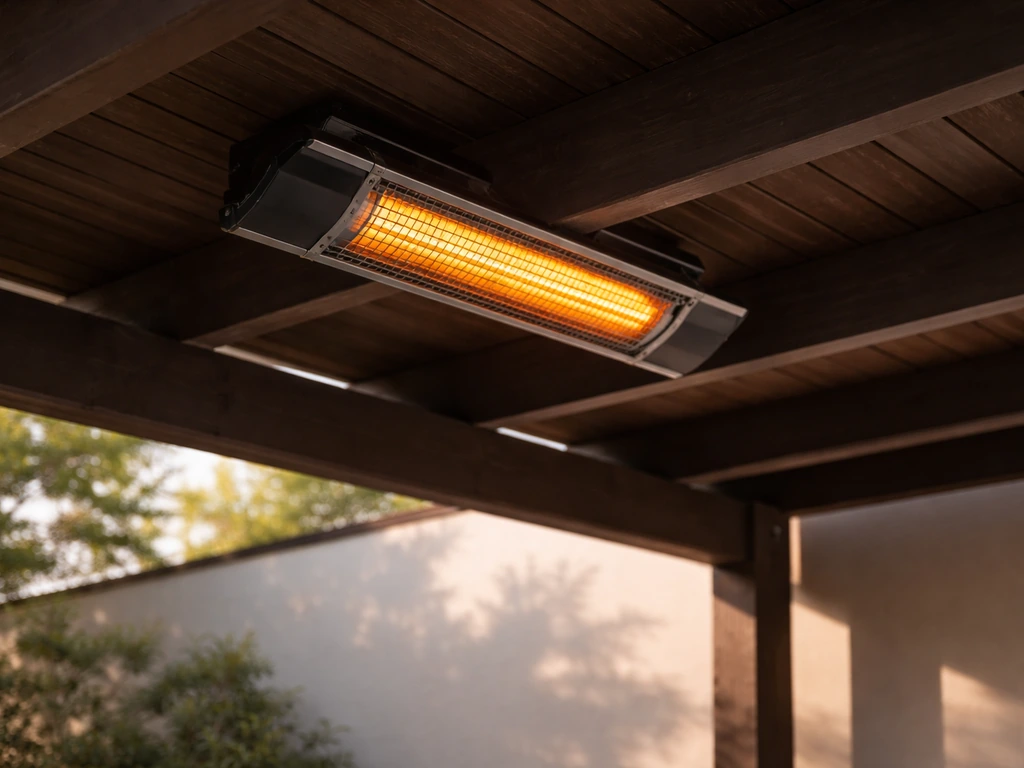 Overhead ceiling-mounted patio heater under a covered pergola with correct mounting height and direction.