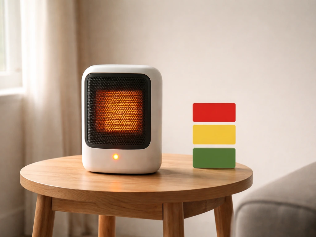 Electric space heater on a small table with a simple hourly cost scale beside it.