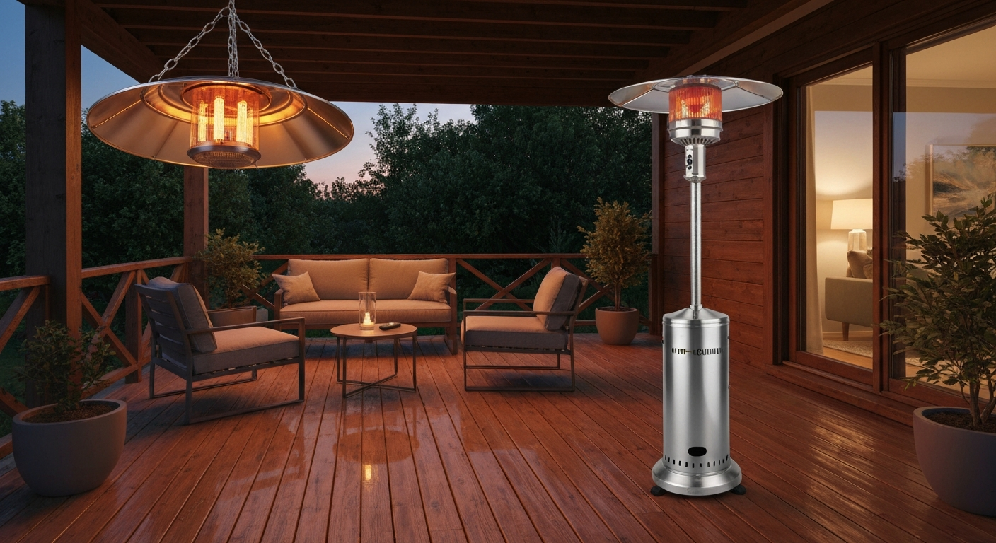 Optimus 1500W infrared patio heaters (hanging and floor-standing) glowing on a covered patio at dusk, remote on side table, warm amber light on seating area.