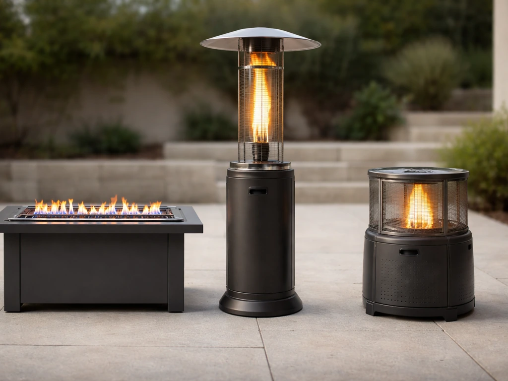 Three Napoleon-style patio heaters side-by-side, showing different shapes and flame presentation.