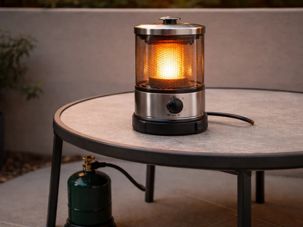 Compact tabletop torch heater on a patio table with a small LP cylinder visible beside it.