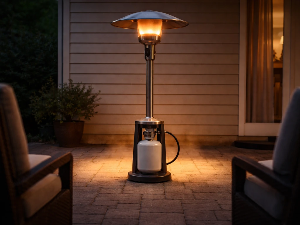 Seat-to-heater view of a gas patio radiant heater with a focused mushroom-style heat cone on a patio at dusk.