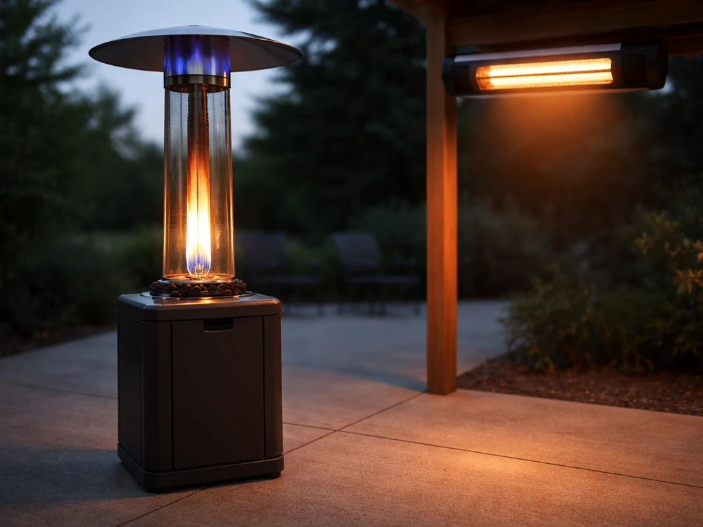 Side-by-side gas flame patio heater and infrared electric heater on a quiet covered patio at dusk.