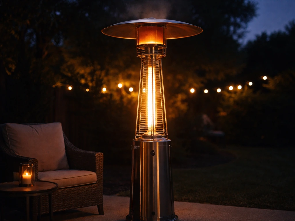 Freestanding patio heater glowing warmly on an evening backyard patio with minimal outdoor furniture.