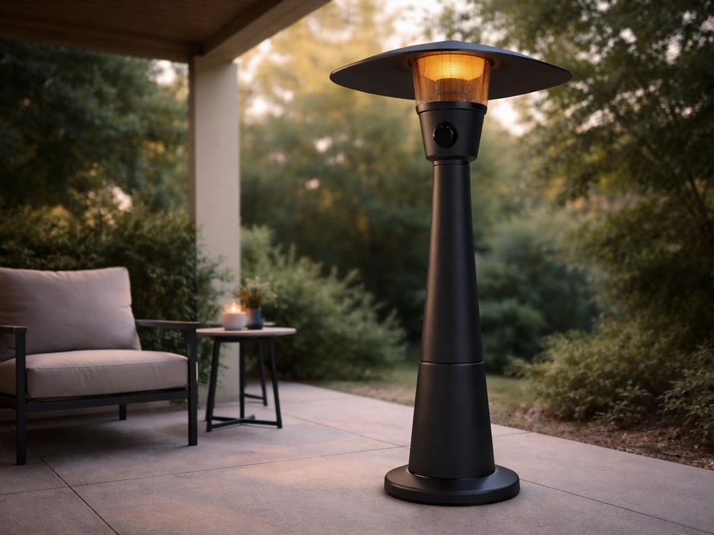 Covered patio with a modern patio heater warming a quiet outdoor seating area