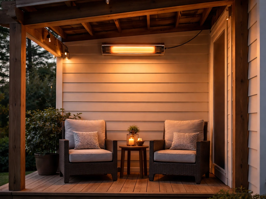 Small covered deck with a centered electric infrared heater over two patio chairs.